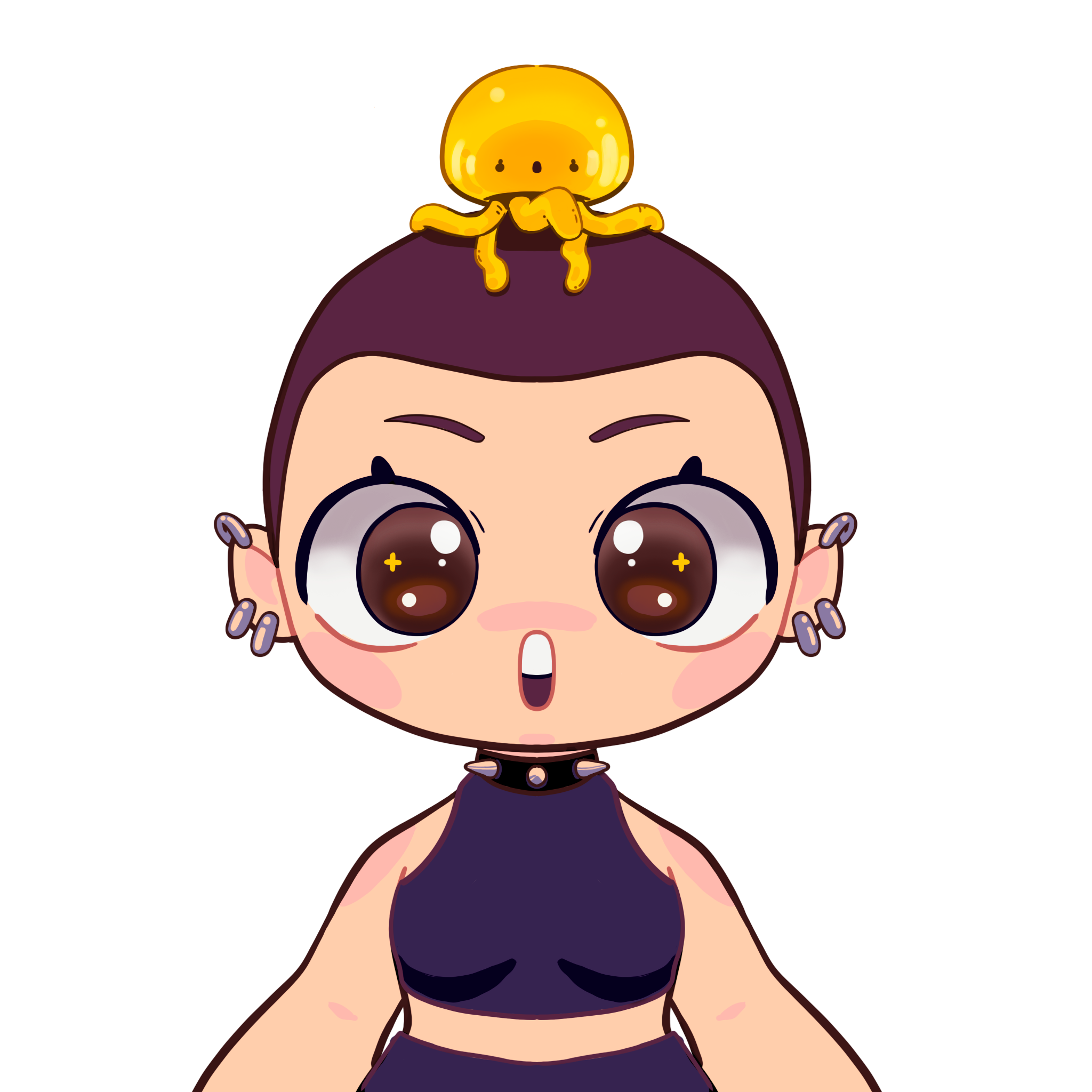 Avatar ilustrado de Yelifish con ojos grandes y una pequeña criatura amarilla sobre la cabeza